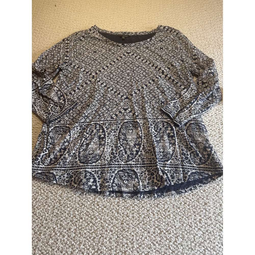 Lucky Brand Navy Blue White Paisley Floral Long Sleeve Boho Top Size Large L G